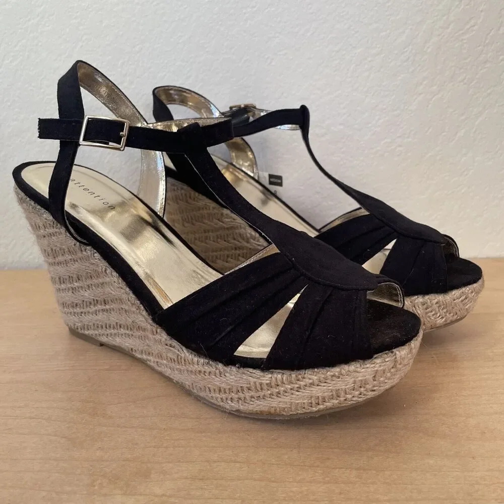 NEW Attention Women's Horizon Sz 8 Black Gold Velvet Wedge Heel Shoes With Tags